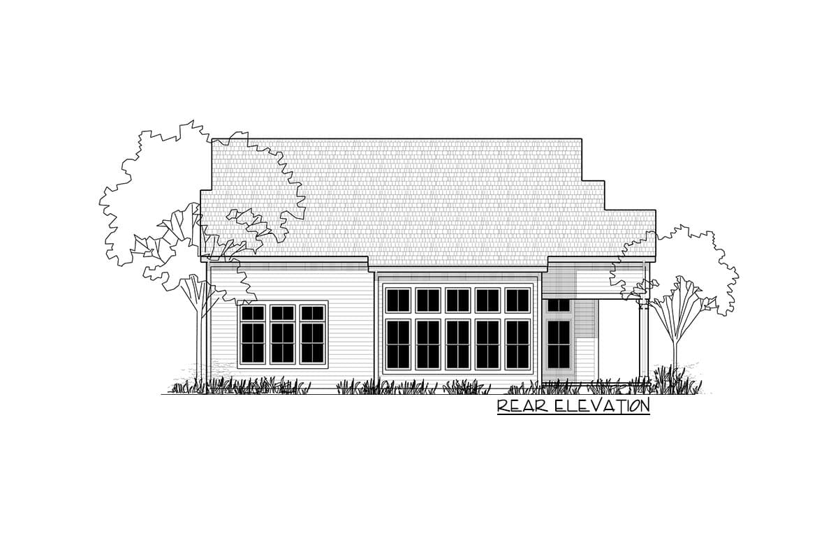 Rear elevation drawing of a house plan featuring a multi-pane window array and a shingled roof.