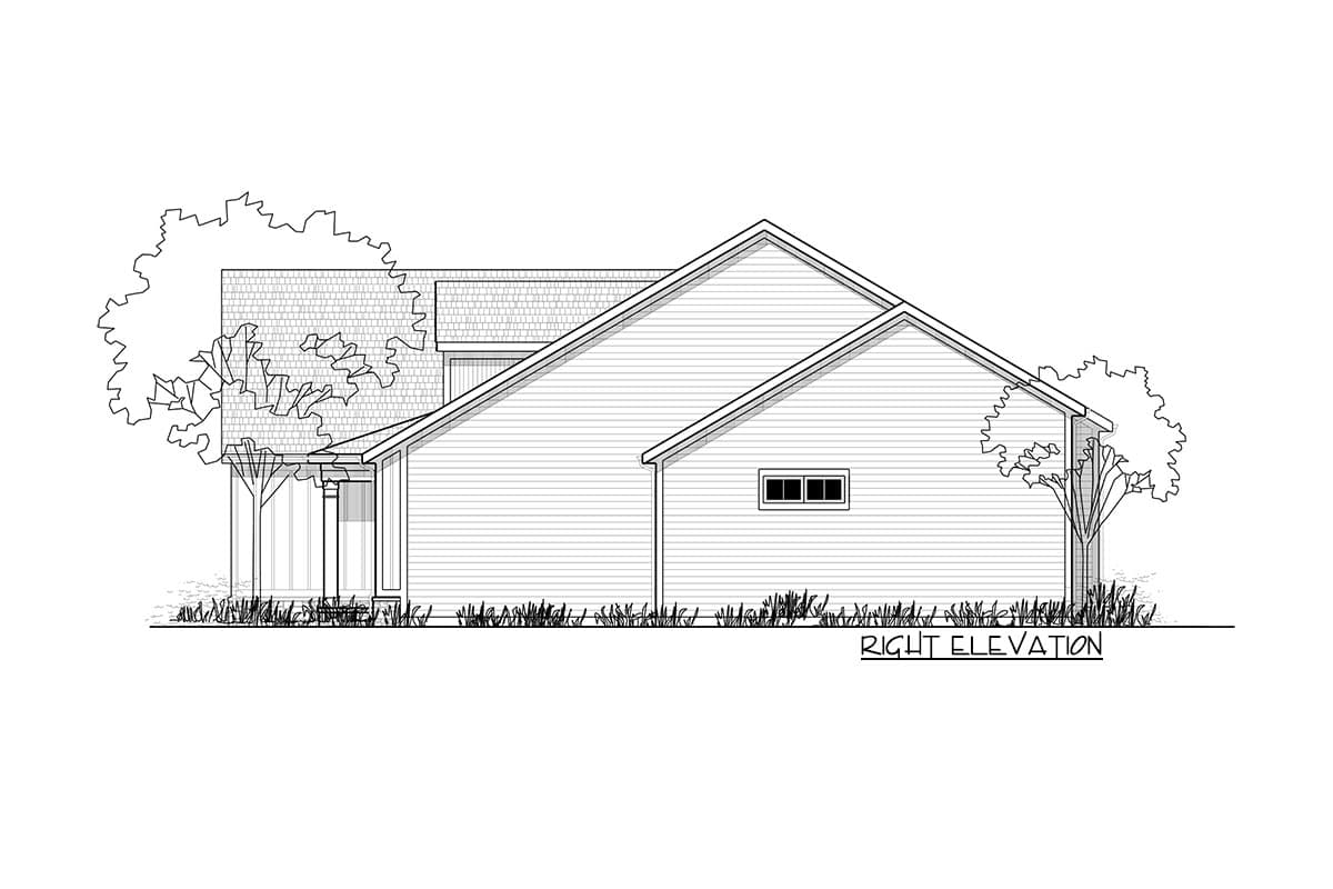 House plan right elevation showing siding, roofline, and a small window.