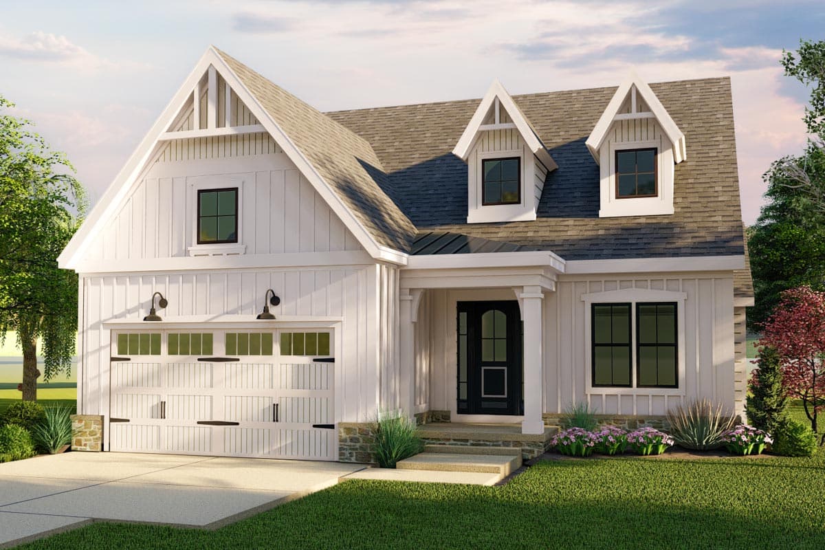 House plan exterior. Modern Farmhouse style with two stories, gabled roof, dormers, and an attached garage. Features include a front porch.