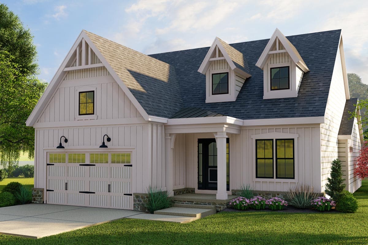 Modern Farmhouse style house plan exterior with a two-car garage, gables, dormers, and covered front porch.