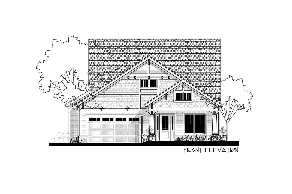 Front elevation drawing of a two-story house with a prominent gable, shingled siding, and a side-entry garage.