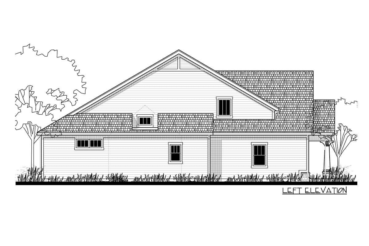 Left elevation drawing of a house plan with a prominent gable, dormer windows, and lap siding.