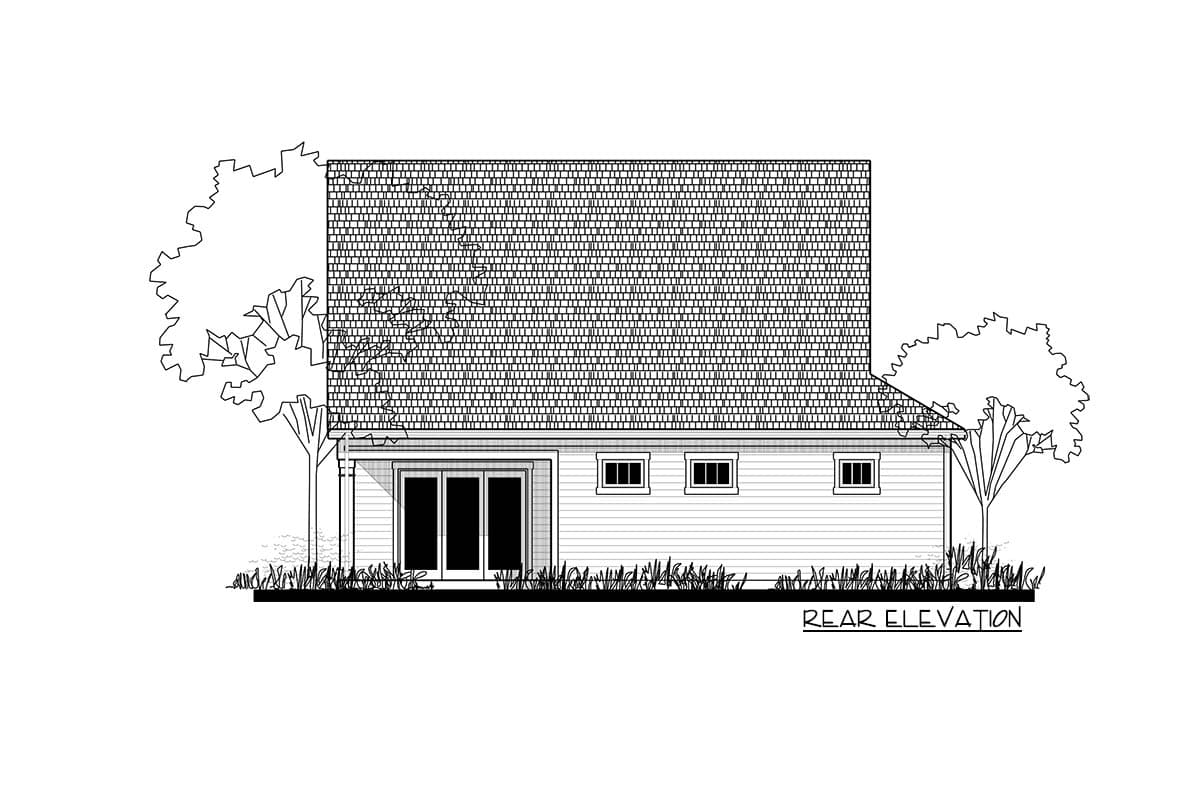 Rear elevation drawing of a house plan with a gable roof, sliding glass doors, and three small windows.