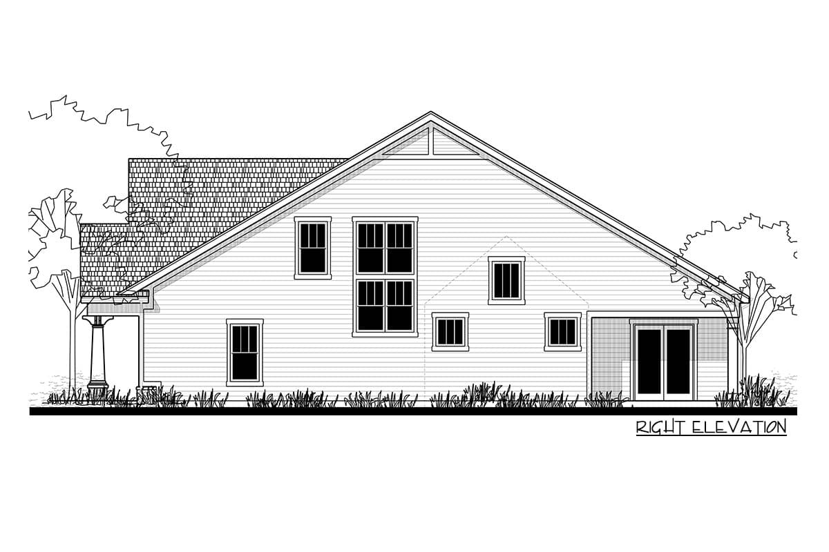 House plan right elevation with gabled roof, multi-pane windows, and sliding glass doors.