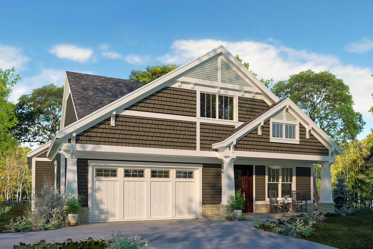 House plan exterior. Craftsman style, one-story home with a gabled roofline, front porch, and garage with white doors.