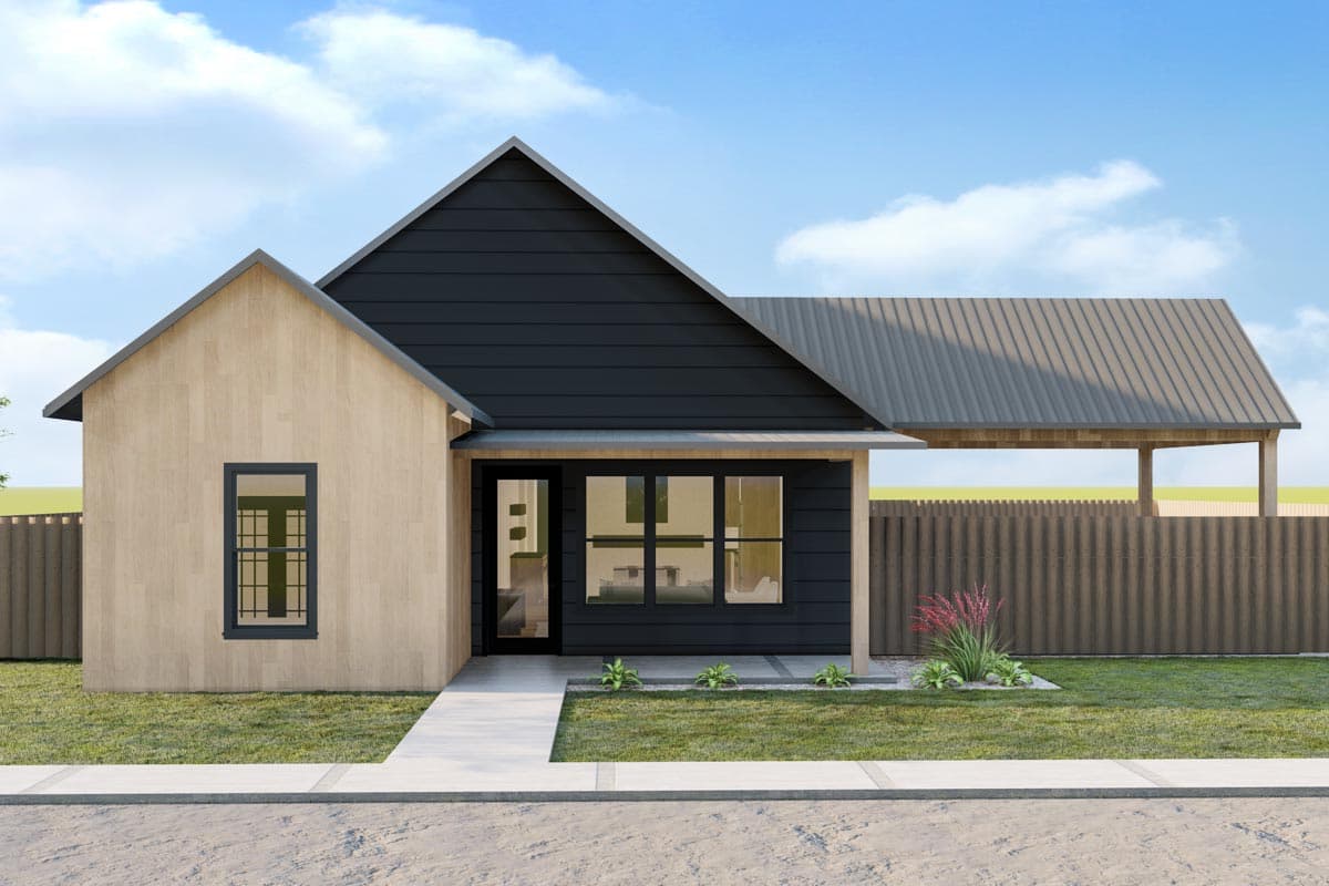 House plan exterior. Modern style with a single story, shed roof, and contrasting wood and dark siding. Features an attached carport.