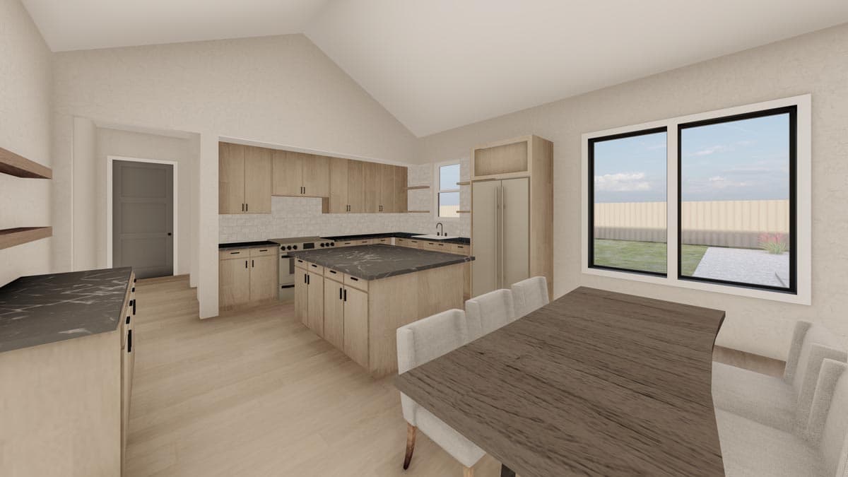 Interior rendering of a kitchen with a vaulted ceiling, central island, light wood cabinets, and large windows overlooking the backyard.