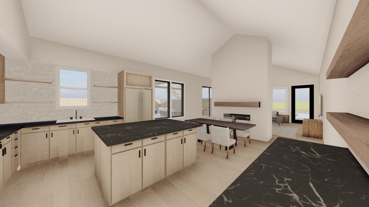 Contemporary kitchen with island, fireplace, vaulted ceiling, and dining area.