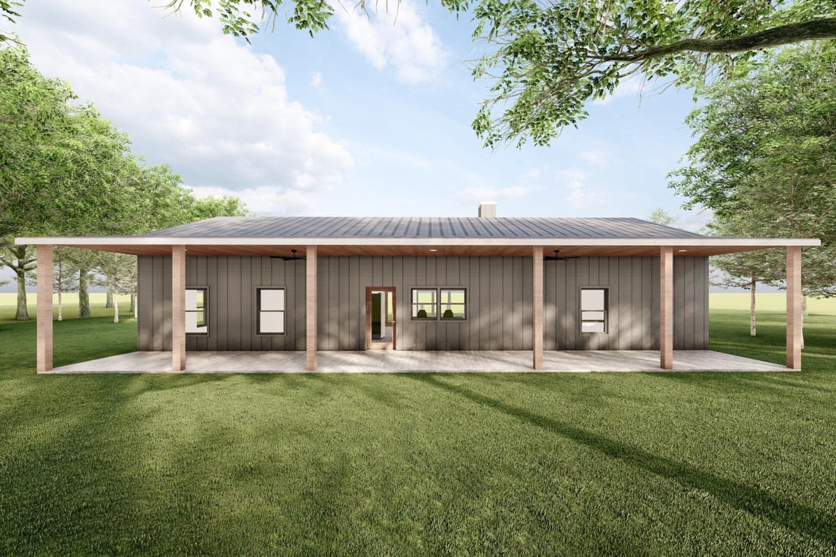 House plan exterior of a single-story Modern Farmhouse with a metal roof, deep covered porch, and board-and-batten siding.