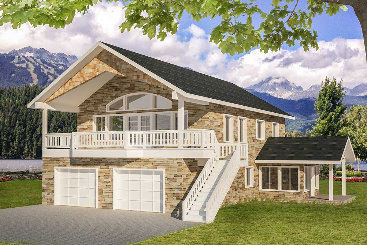 House plan exterior: Two-story stone home with a gabled roof, wraparound deck, and a three-car garage.