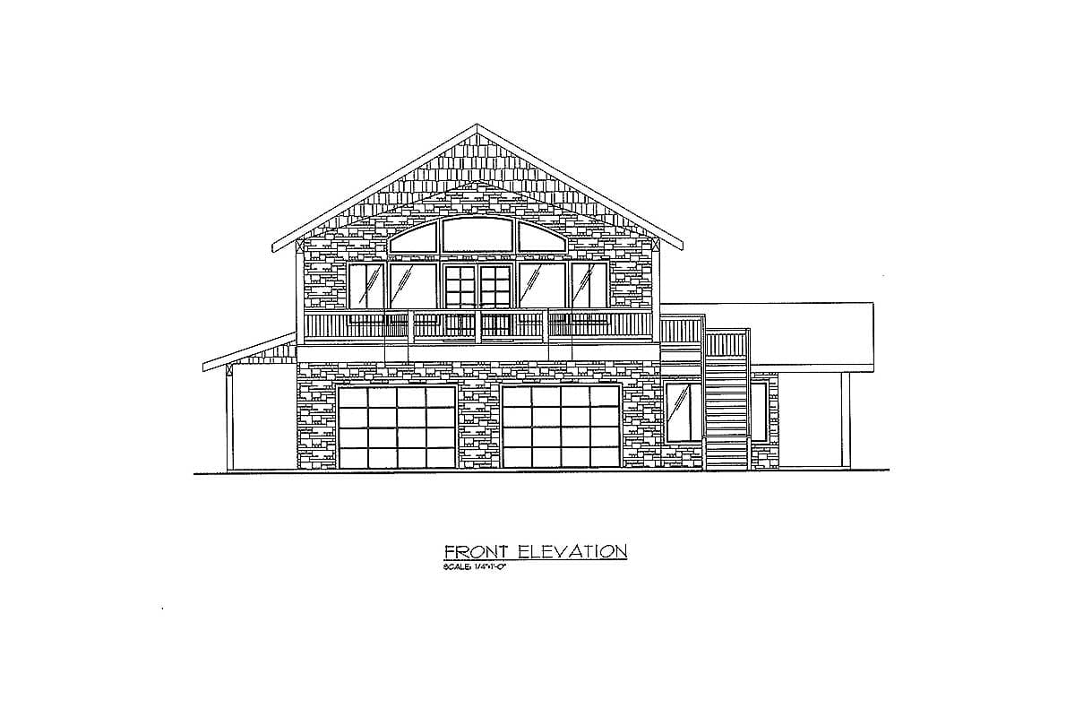 Front elevation drawing of a two-story house plan featuring two garage doors, a balcony, and a multi-pane window arrangement.