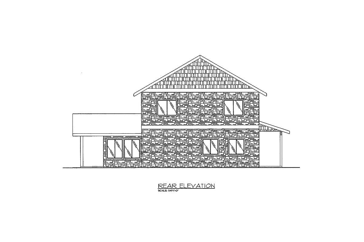Rear elevation drawing of a two-story house plan with stone facade, gabled roof, and multiple windows.