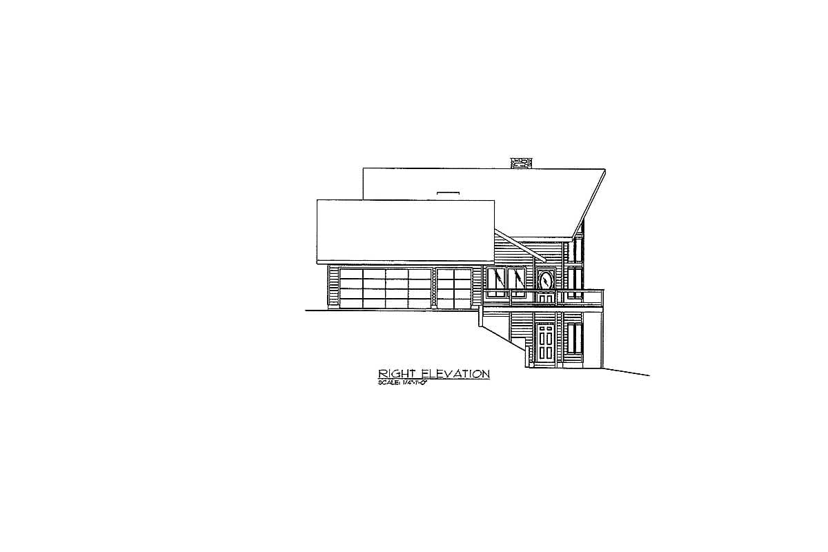 Right elevation drawing shows a house plan with a large garage door, multi-level rooflines, and multiple windows.