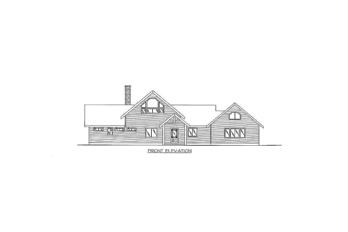 Front elevation drawing of a house plan featuring a prominent gable, stone chimney, and multiple window styles.