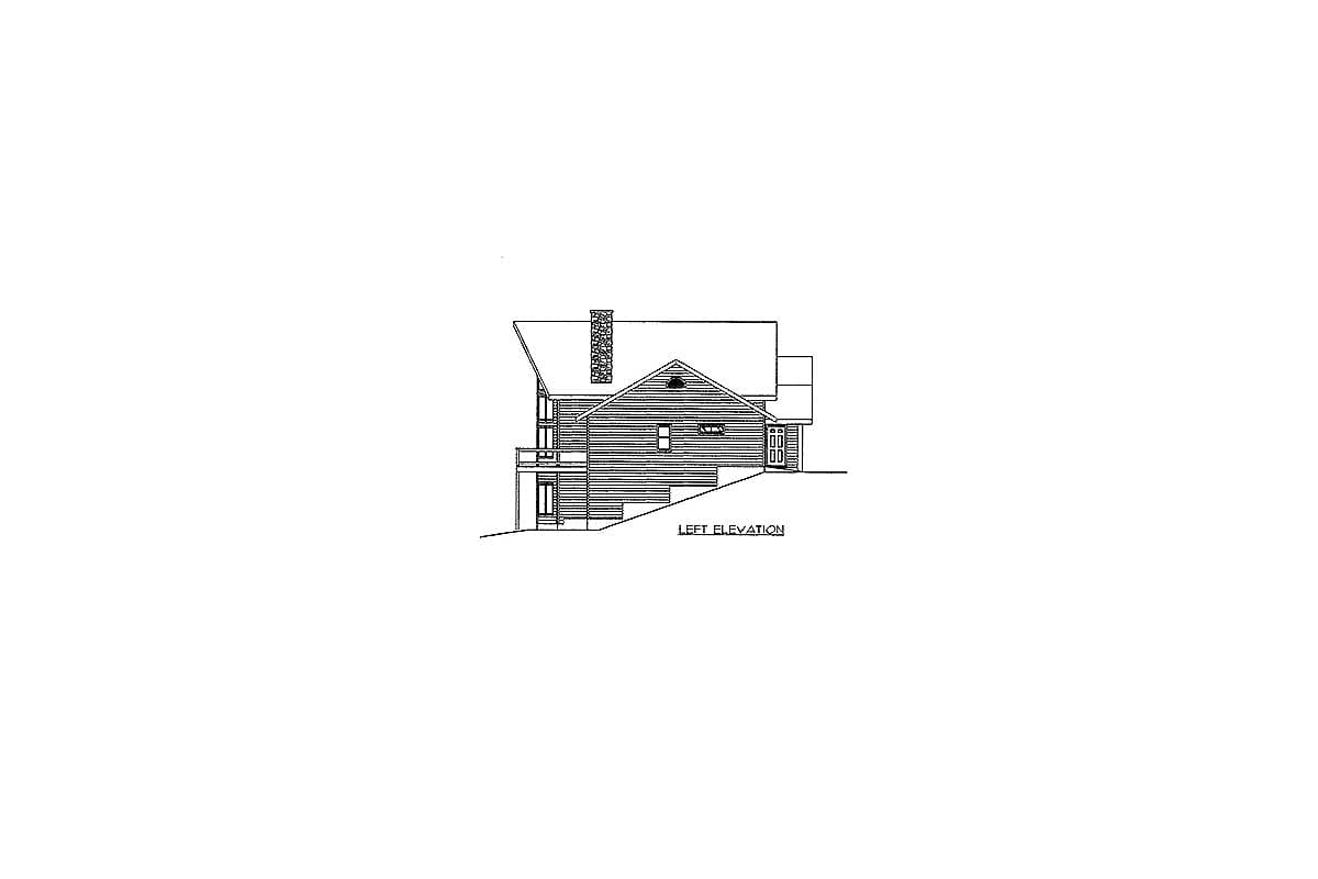 Left elevation drawing of a two-story house plan with gabled roof, stone chimney, and covered balcony.