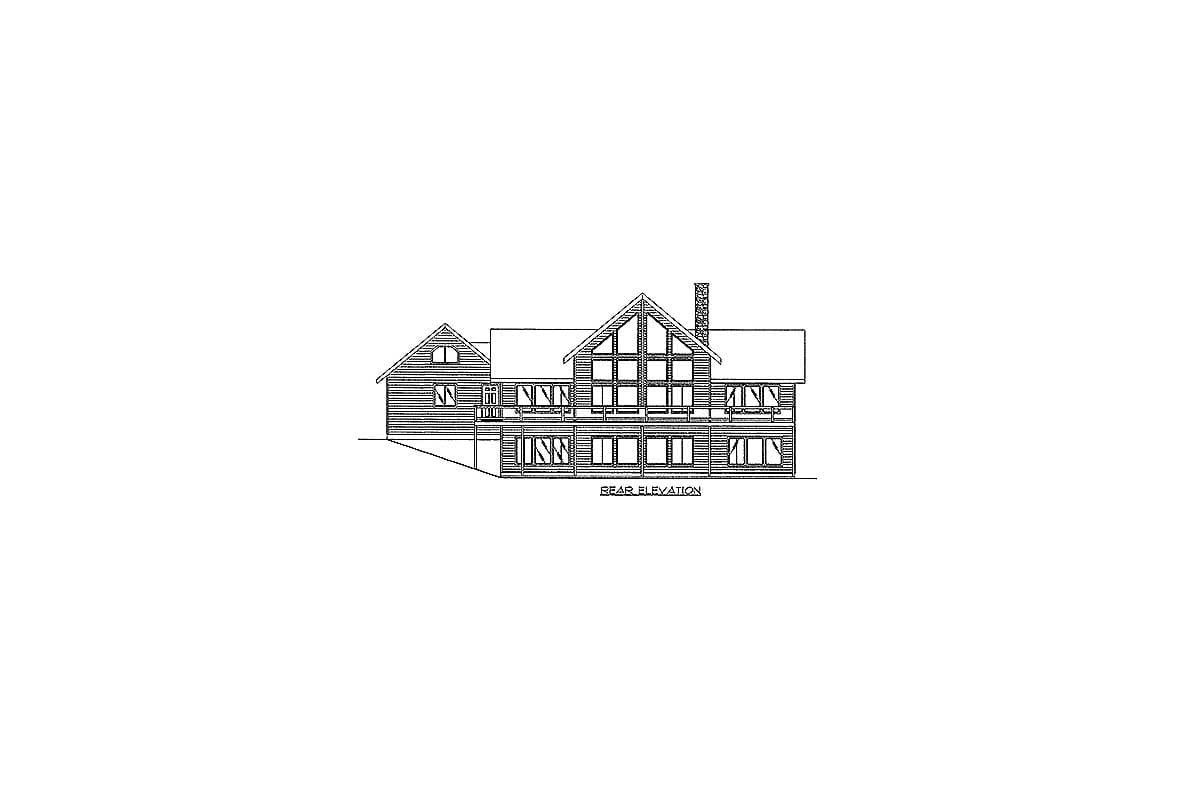 Rear elevation drawing of a multi-story house with a prominent gable, large window array, and stone chimney.