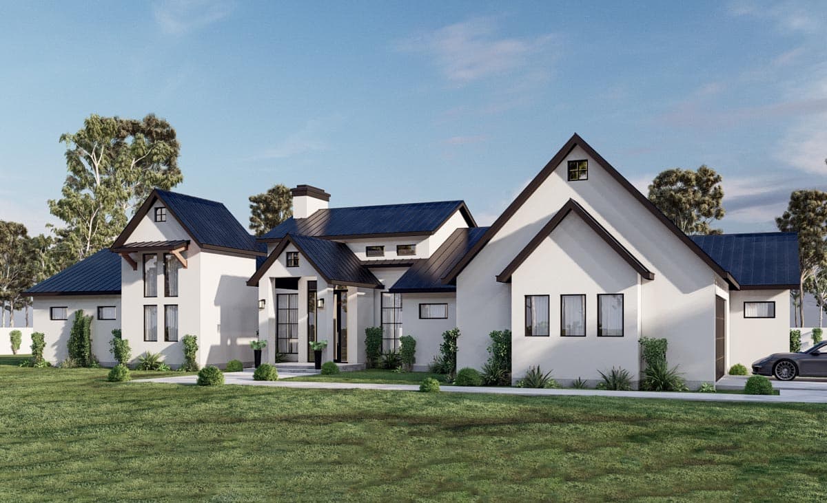 Modern house plan exterior with white stucco, dark metal roofs, multiple gables, and large windows.