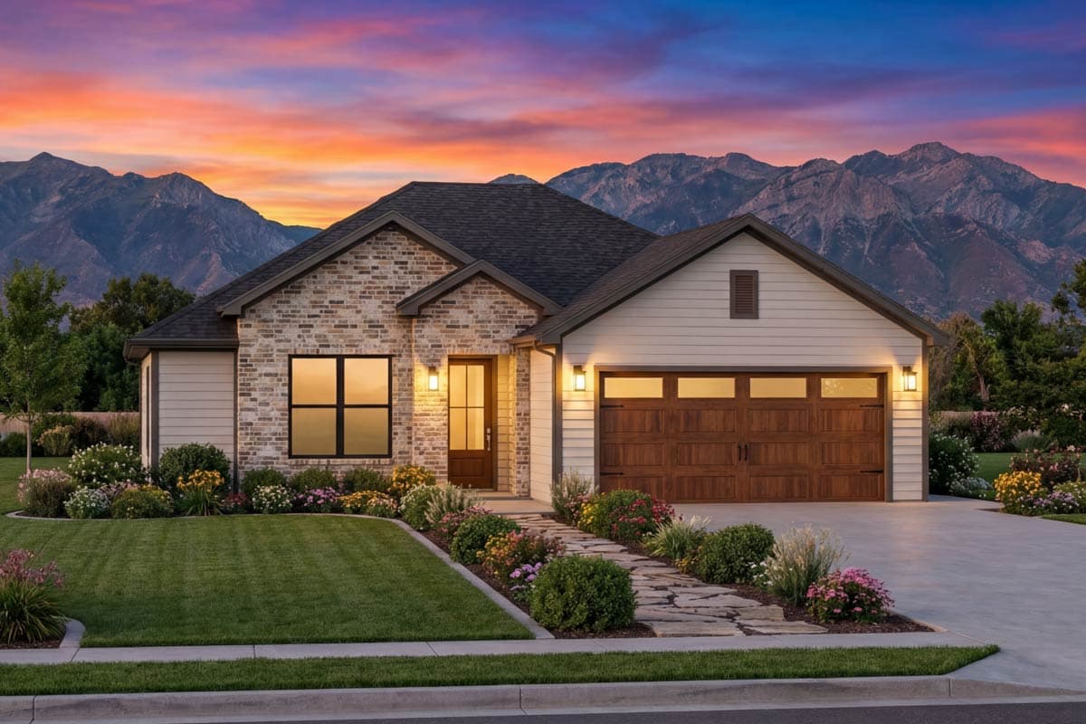 House plan exterior: Ranch style with brick accents, gabled roof, large garage, and multiple windows.
