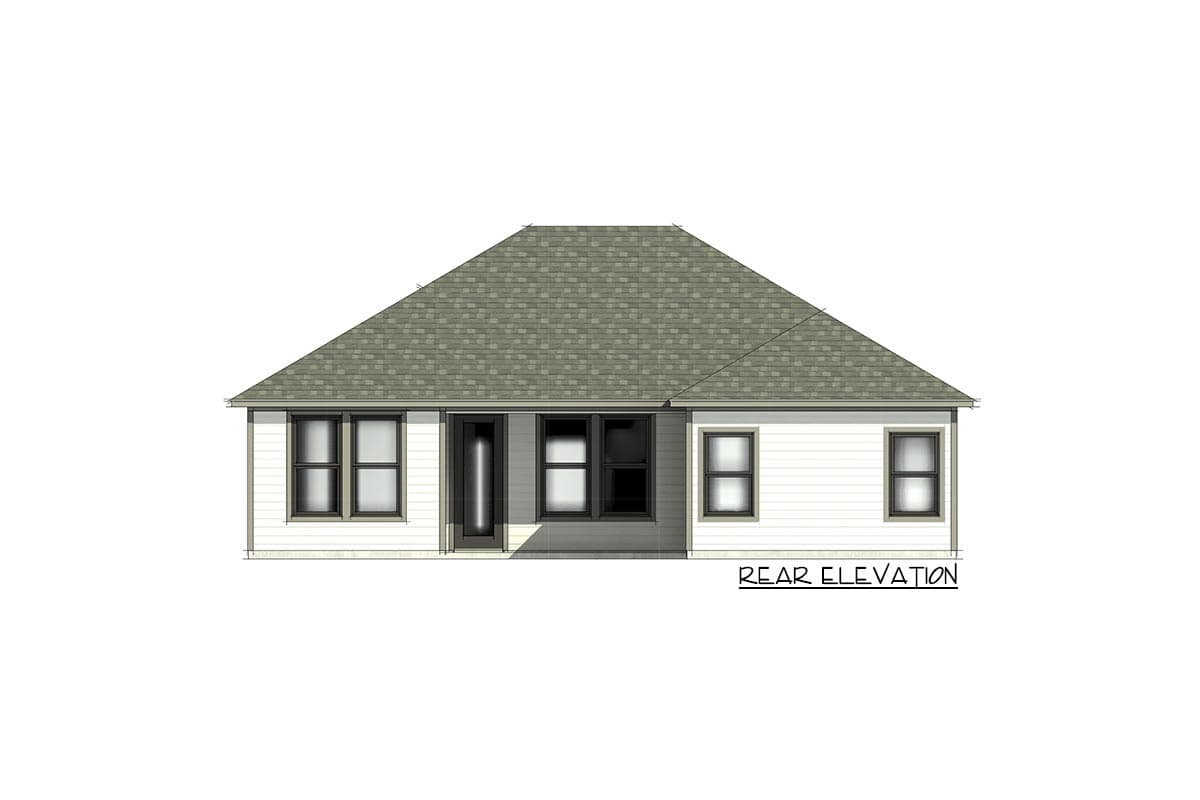 Rear elevation house plan: one-story, gable roof, several windows, and a central entry door.