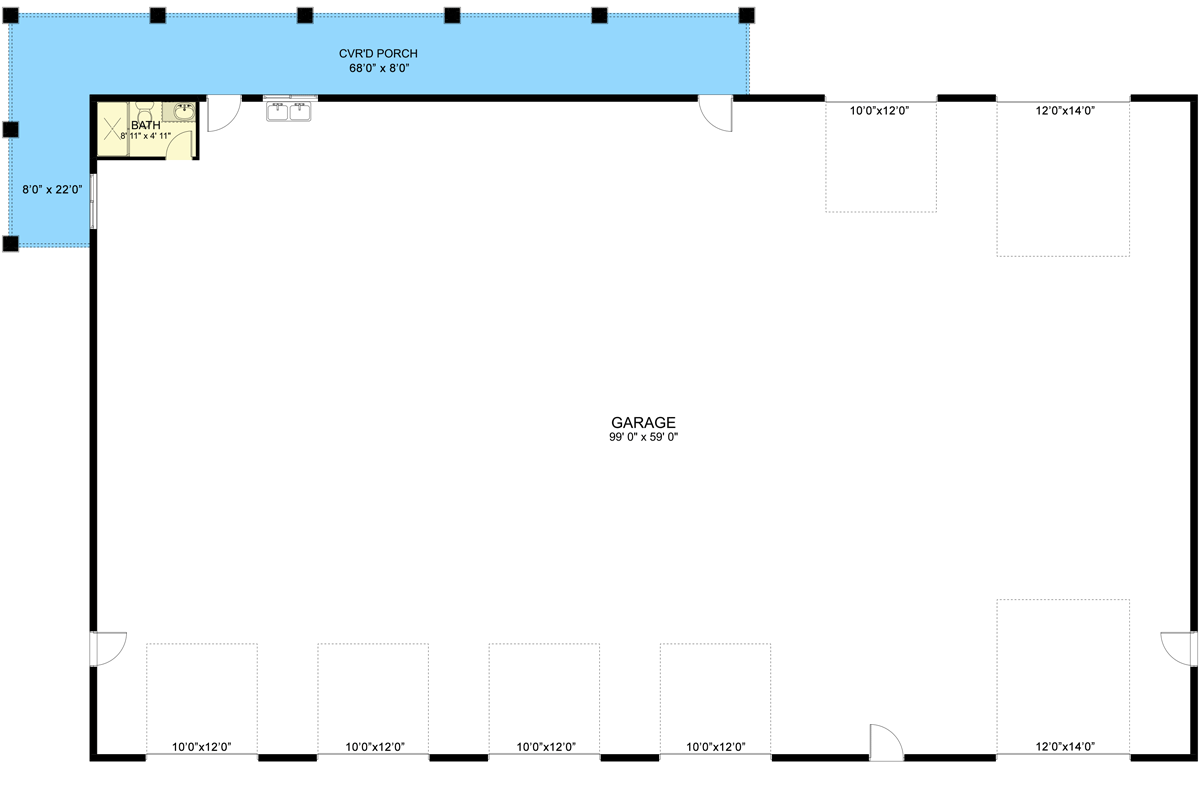 Plan 61457UT: 6000 Square Foot Car Lover's Garage with Drive Through RV Bay and a Clean-Up Bath with Shower - Floor Plan - Main Level - Barndominium, Country, Craftsman, Traditional