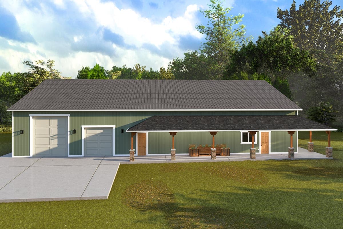 House plan exterior with two-car garage, covered porch with columns, and a gable roof with metal roofing. One story structure.