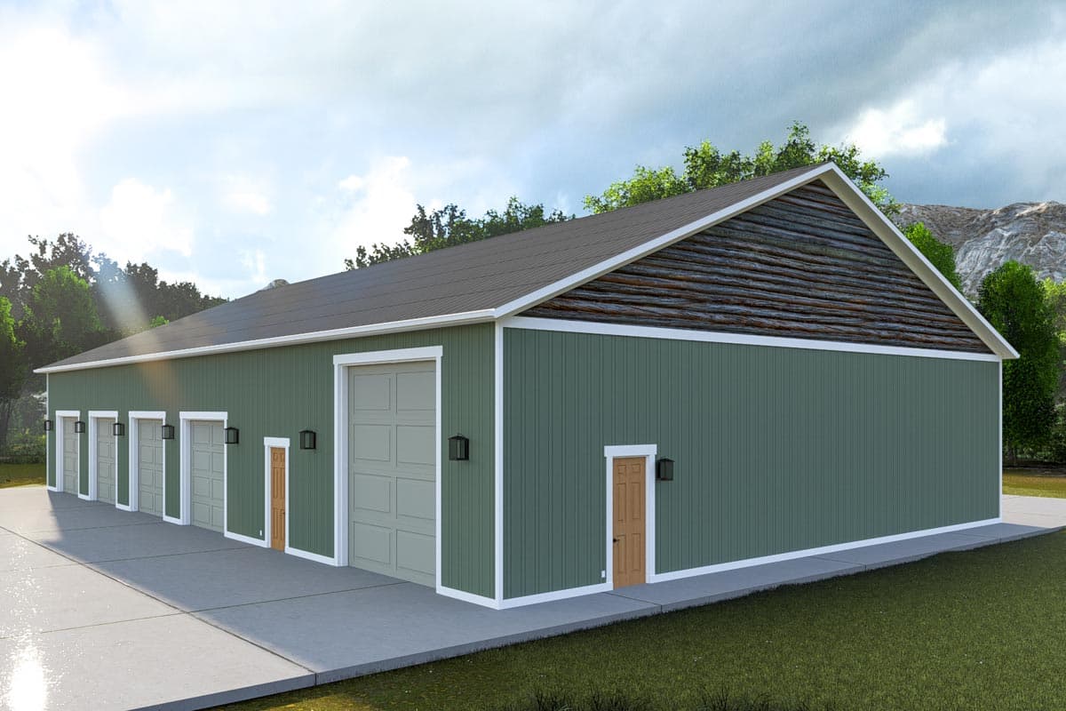 House plan exterior for a large garage building with multiple bays, gable roof, and log siding accents.