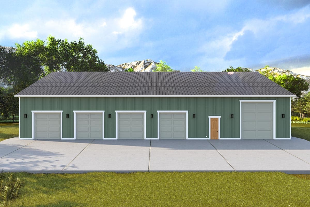 House plan exterior of a one-story building with six garage doors, a single door, and a dark metal roof.
