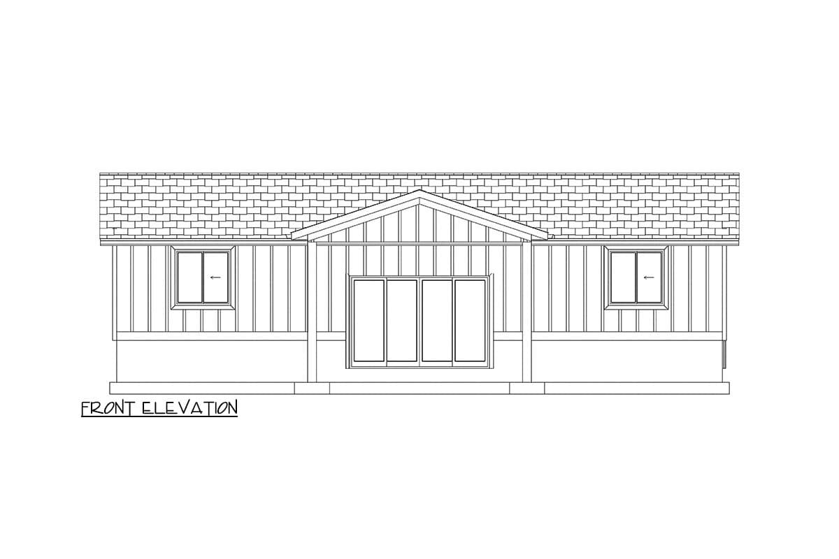 Front elevation drawing of a house plan with a gable roof, vertical siding, and four windows.