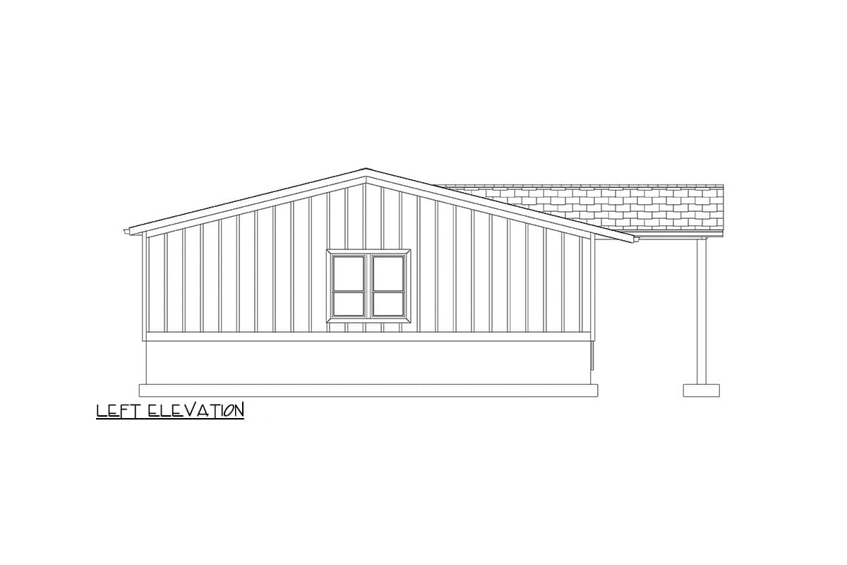 Left elevation drawing of a house plan showing vertical siding, a gable roof, a single window, and a covered porch with support columns.