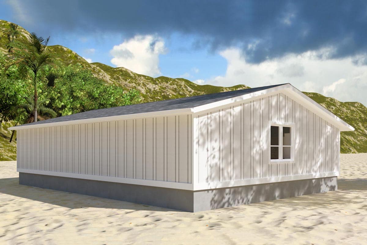 House plan exterior, single-story, white board-and-batten siding, gable roof, and one small window.