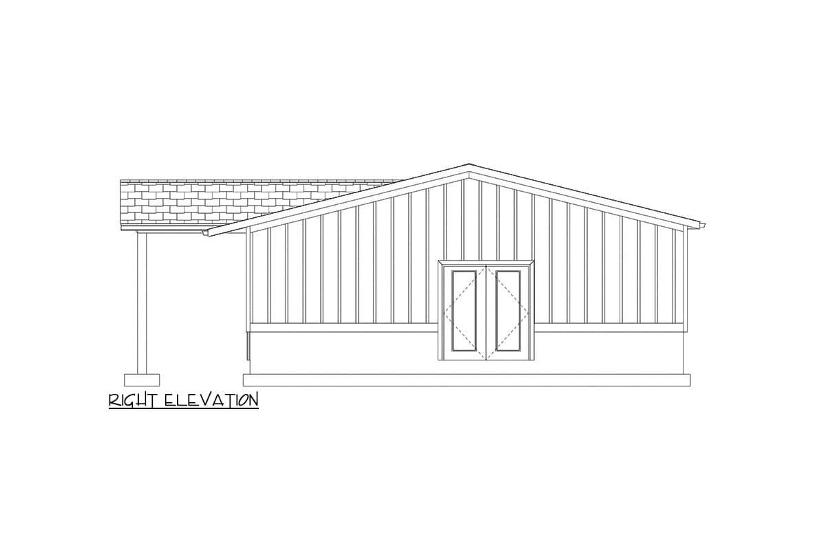 Right elevation drawing of a single-story house with a gabled roof, a covered porch, and double doors.