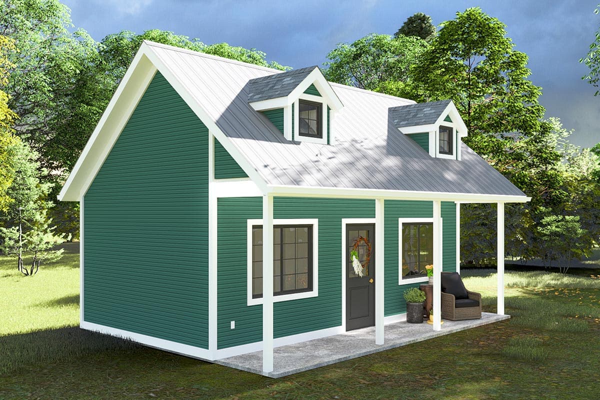 House plan exterior: Two-story cottage with green siding, white trim, metal roof, gable dormers, and covered front porch.