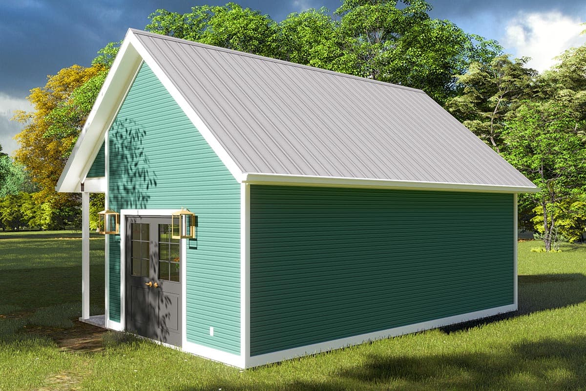 House plan exterior: One-story modern barn with gabled roof, green siding, a covered entrance, and double doors.