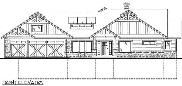 Front elevation drawing of a house plan with a three-car garage, stone accents, and gabled dormers.
