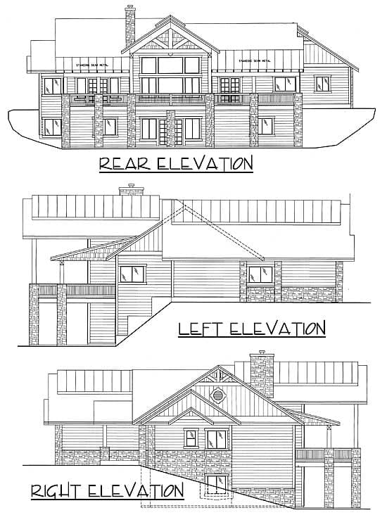 Rear, left, and right elevations of a multi-story house plan featuring stone accents, multiple gables, and balconies.