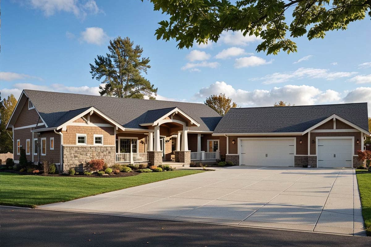 House plan exterior featuring a one-story, Craftsman-style home with gables, stone accents, and an attached two-car garage.
