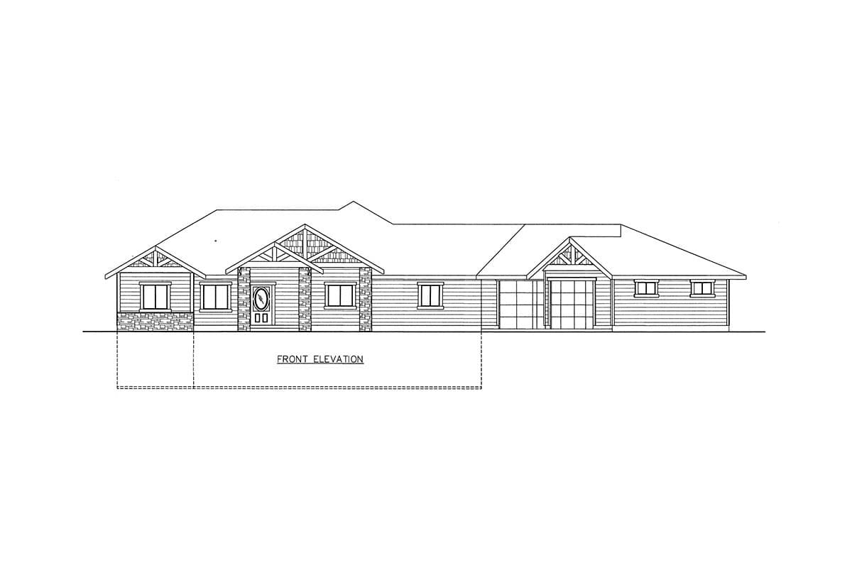 Front elevation drawing of a single-story house with gabled roofs, stone foundation, and a prominent entrance with transom windows.