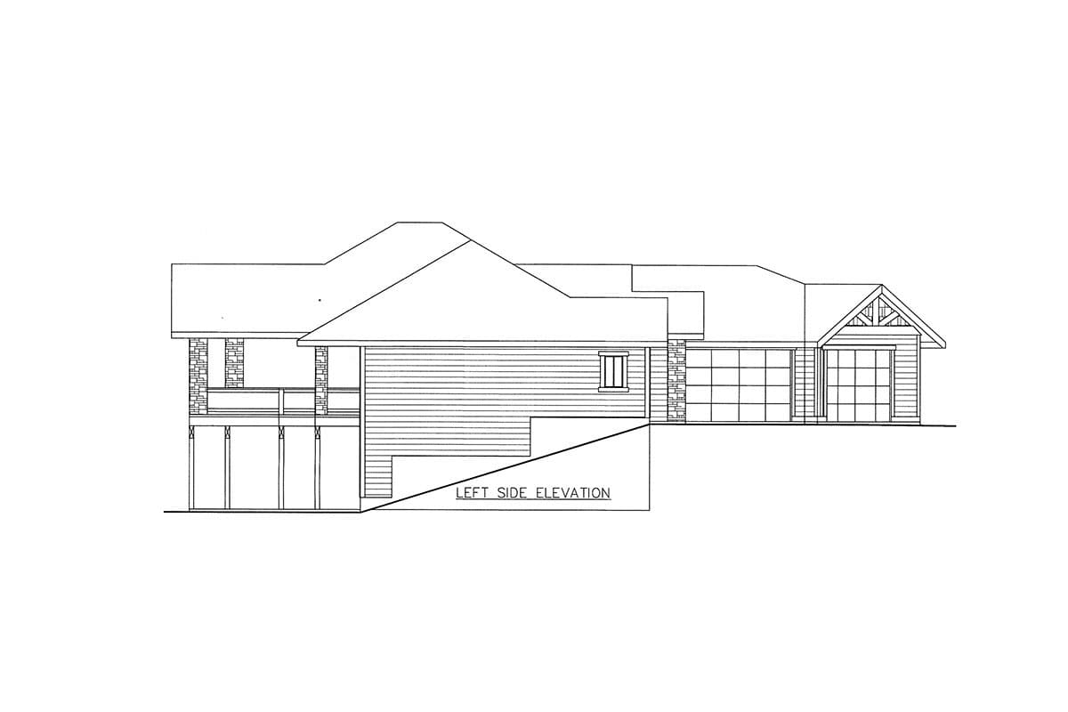 Left side elevation drawing showing a house with a covered porch, horizontal siding, and a two-car garage with a gable.
