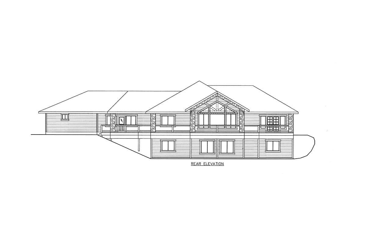 Rear elevation drawing of a house plan with a prominent gable, upper deck, and lower-level windows.