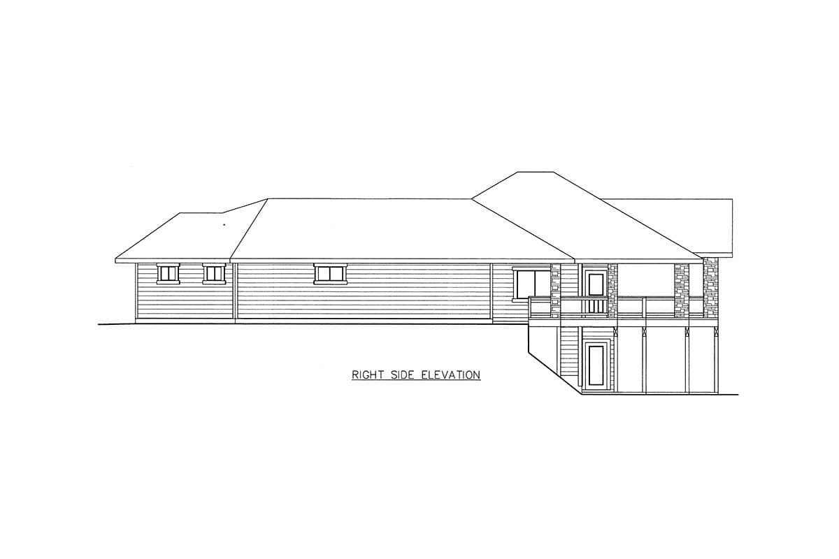 Right side elevation drawing of a ranch-style house plan with horizontal siding, multiple gables, and a covered porch.