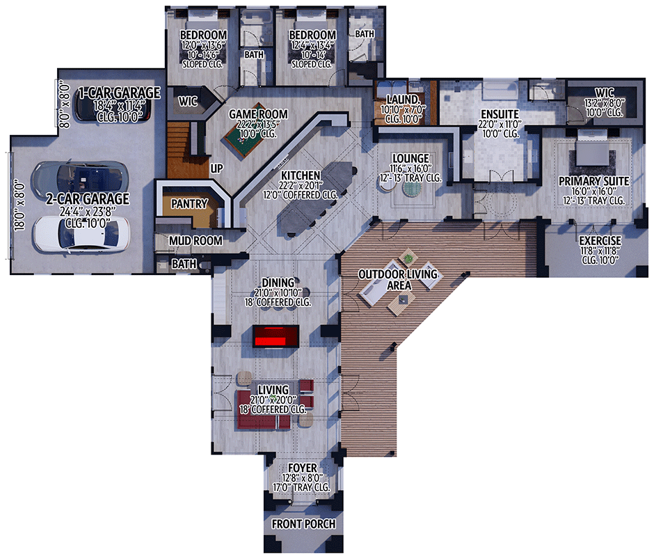 Plan 430087LY: 3500 Square Foot Contemporary Hill Country House Plan with Game Room and 3 Bedrooms - Floor Plan - Main Level - European, Hill Country, Southwest, Transitional