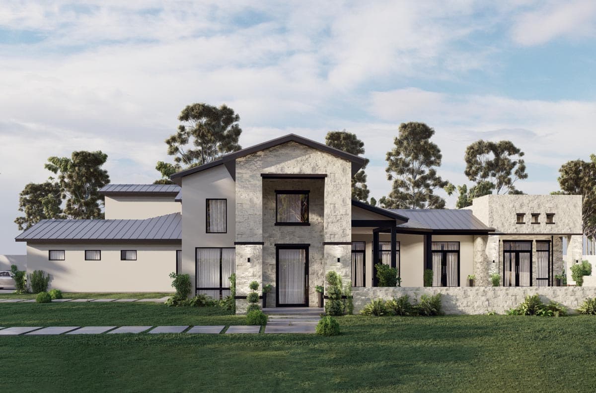 House plan exterior. Two-story Modern house with stone facade, dark roof, and a covered porch. Features large windows and a flat roofline.
