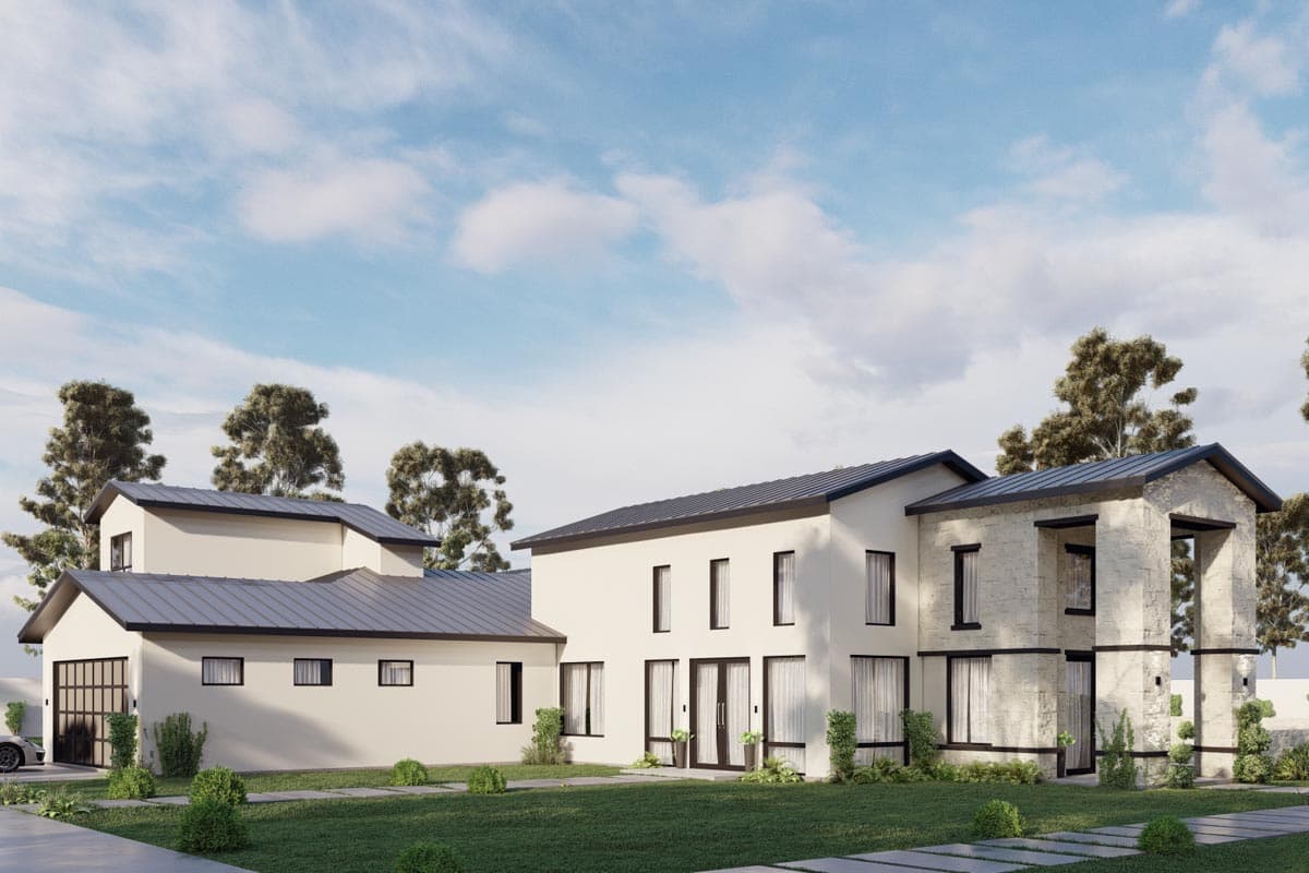 Modern house plan exterior, two stories, metal roof, integrated garage, and stone facade.