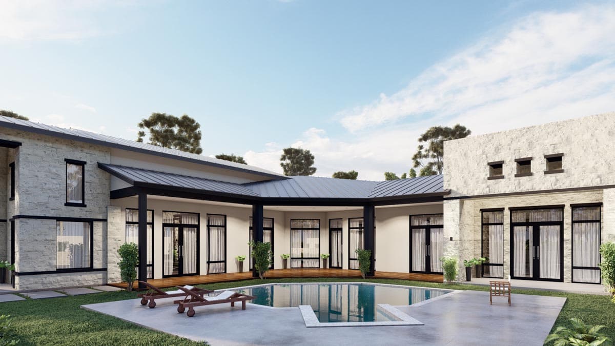 House plan exterior: Contemporary design with stone facade, metal roof, covered porch, and courtyard pool.