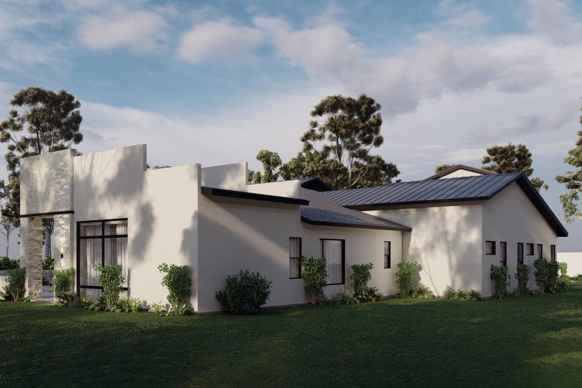Contemporary house plan exterior with a single story, flat roof accents, a dark metal roof, and large windows.