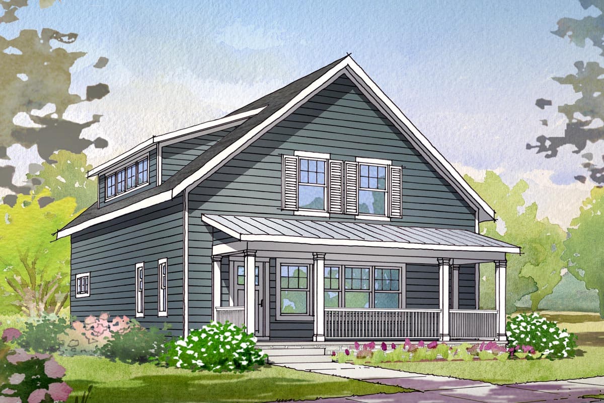 House plan exterior featuring a two-story Craftsman-style home with gabled roof, dormer windows, and a covered porch with decorative railing.