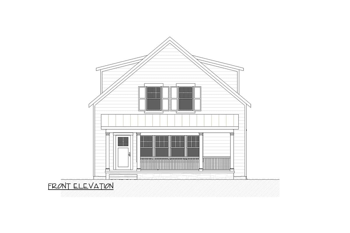 Front elevation drawing of a two-story house plan with a covered porch, gabled roof, and multiple windows.