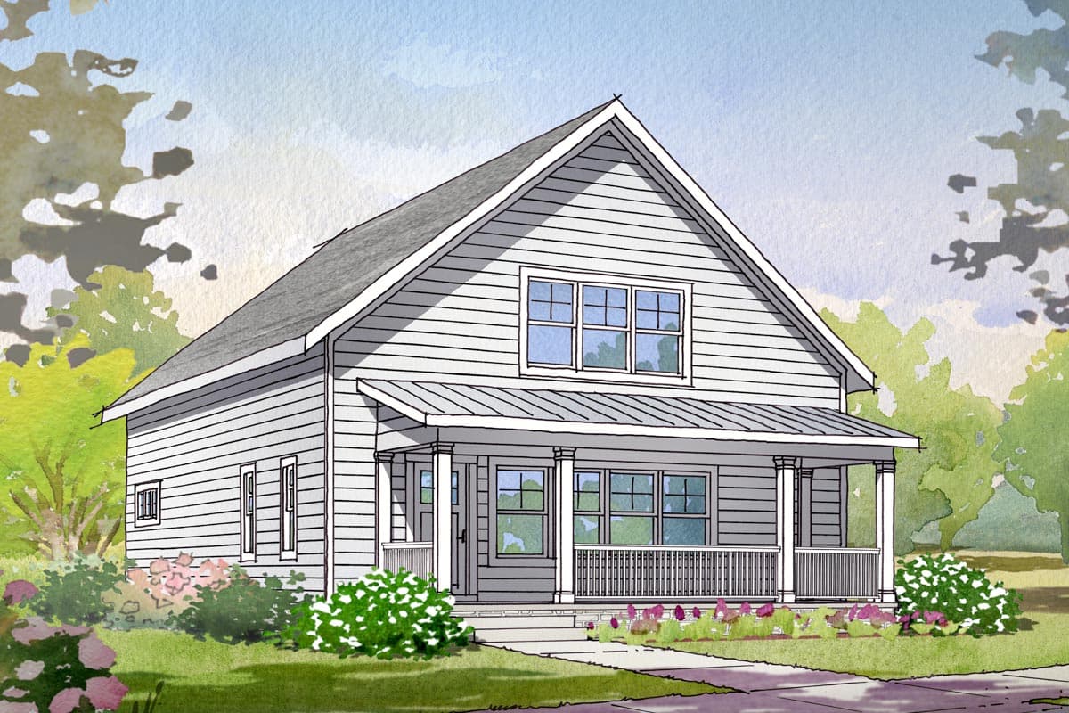 House plan exterior: Two-story Craftsman-style home with a gabled roof, front porch, and horizontal siding.