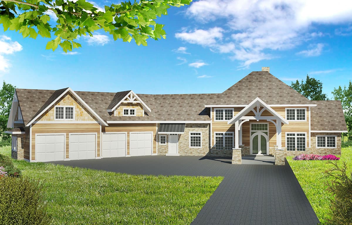House plan exterior with a five-car garage, multiple gables, stone accents, and a prominent arched entrance.