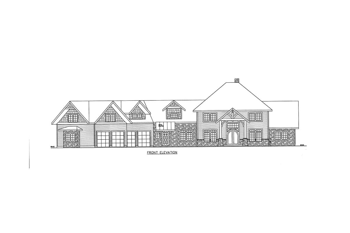 Front elevation drawing of a house plan featuring gables, dormers, stone accents, and a four-car garage.